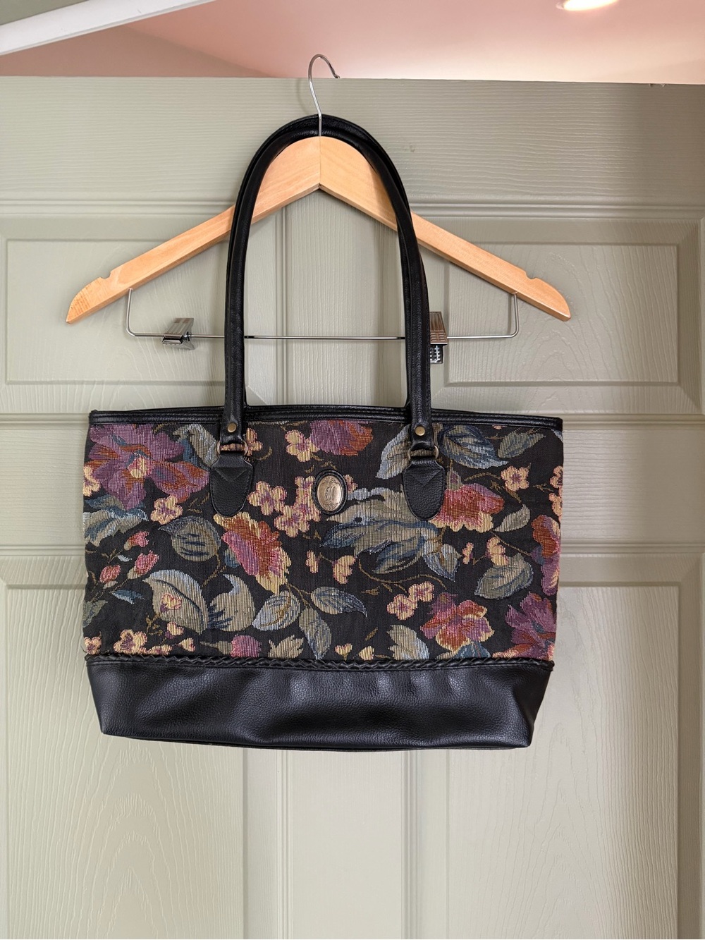 Vintage Floral Tapestry Tote Bag with Black Trim